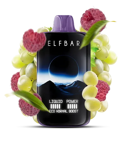 Elfbar vape device surrounded by fruits on a white background