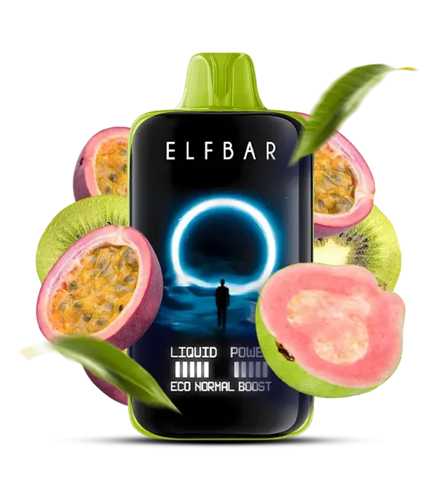 Elf Bar vape device with tropical fruits on a white background