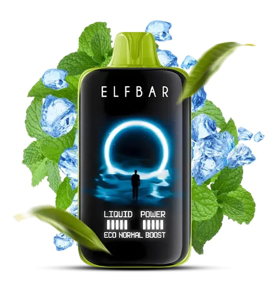 Elfbar vape device with green leaves and blue ice cubes on a white background