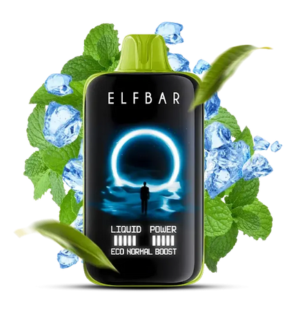 Elfbar vape device with green leaves and blue ice cubes on a white background