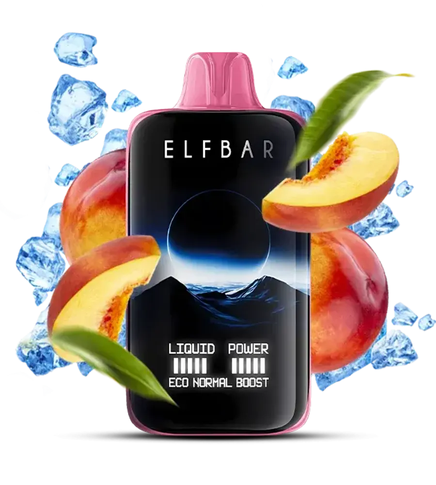 Elfbar vape device with peaches and ice cubes on a white background