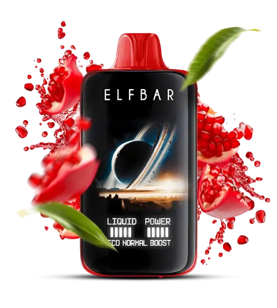 Elfbar vape device with red liquid splashes and leaves on a white background