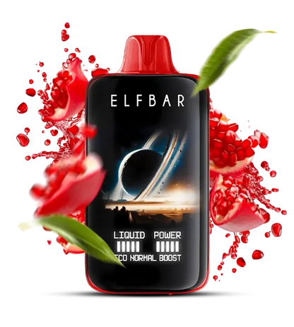 Elfbar vape device with red liquid splashes and leaves on a white background