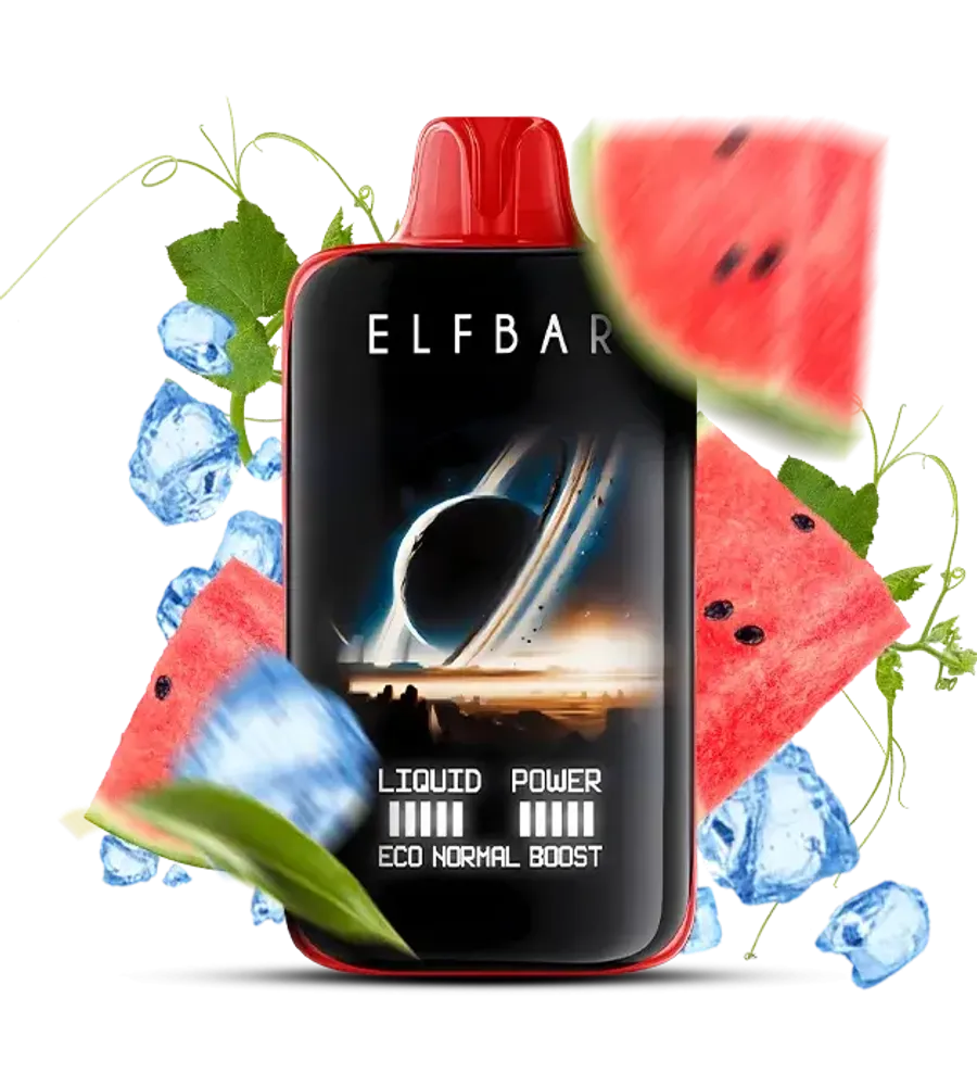 Elf Bar vape device with watermelon slices and ice cubes on a white background