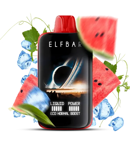 Elf Bar vape device with watermelon slices and ice cubes on a white background