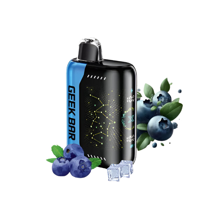 Geek Bar vape device with blueberries and ice cubes on a white background, featuring 'My Vape Dubai' branding.