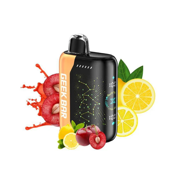 Vape device with fruit graphics on a white background