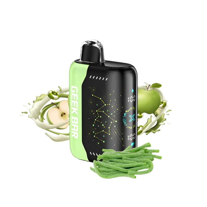 Geek Bar vape device with green and black design, surrounded by green apples and candy on a white background.