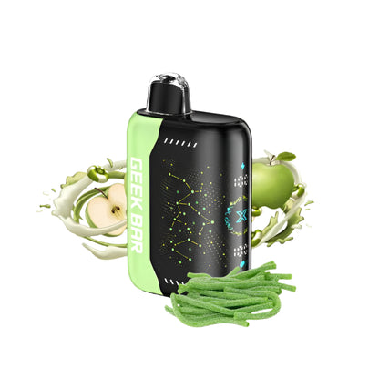 Geek Bar vape device with green and black design, surrounded by green apples and candy on a white background.