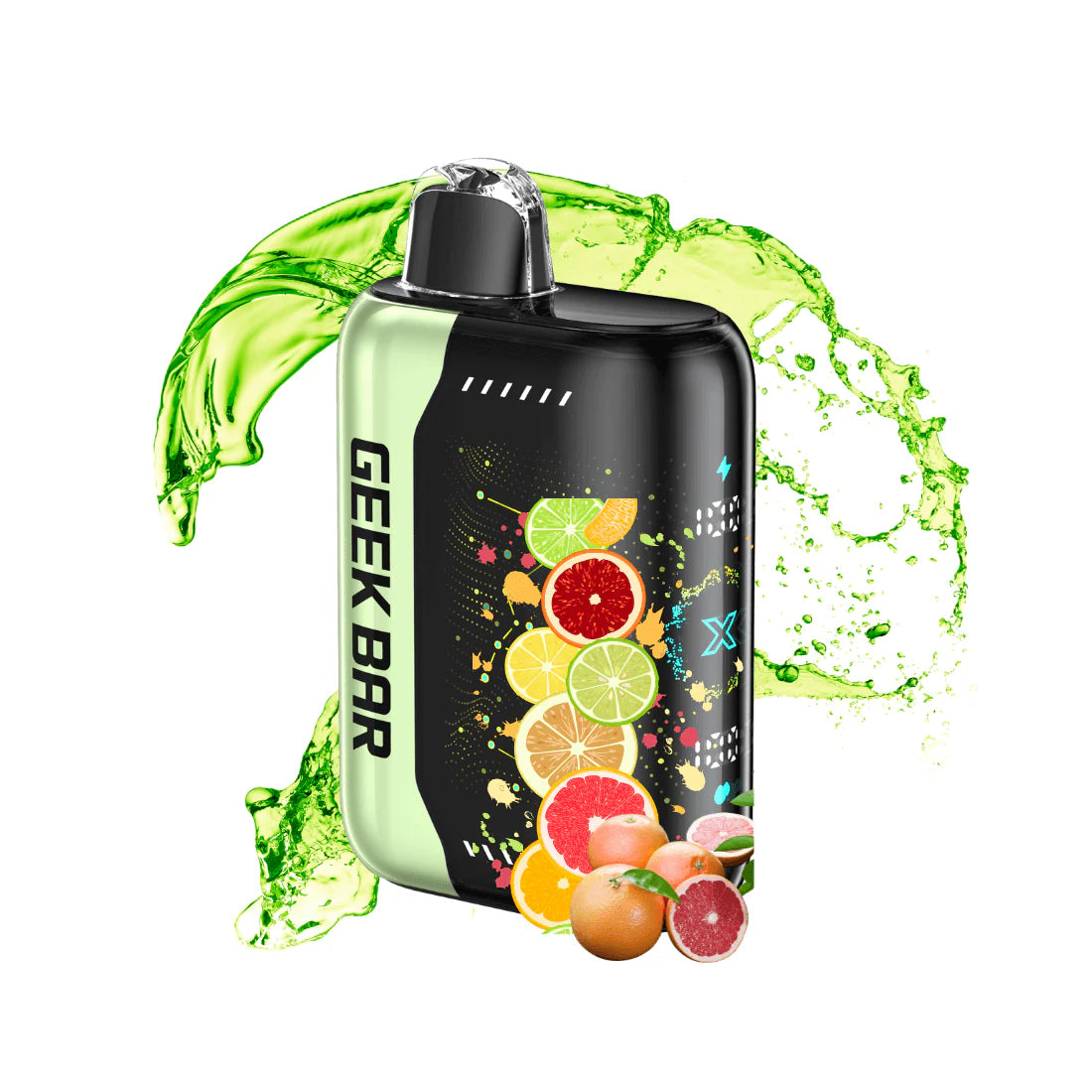 Geek Bar vape device with fruit graphics on a white background