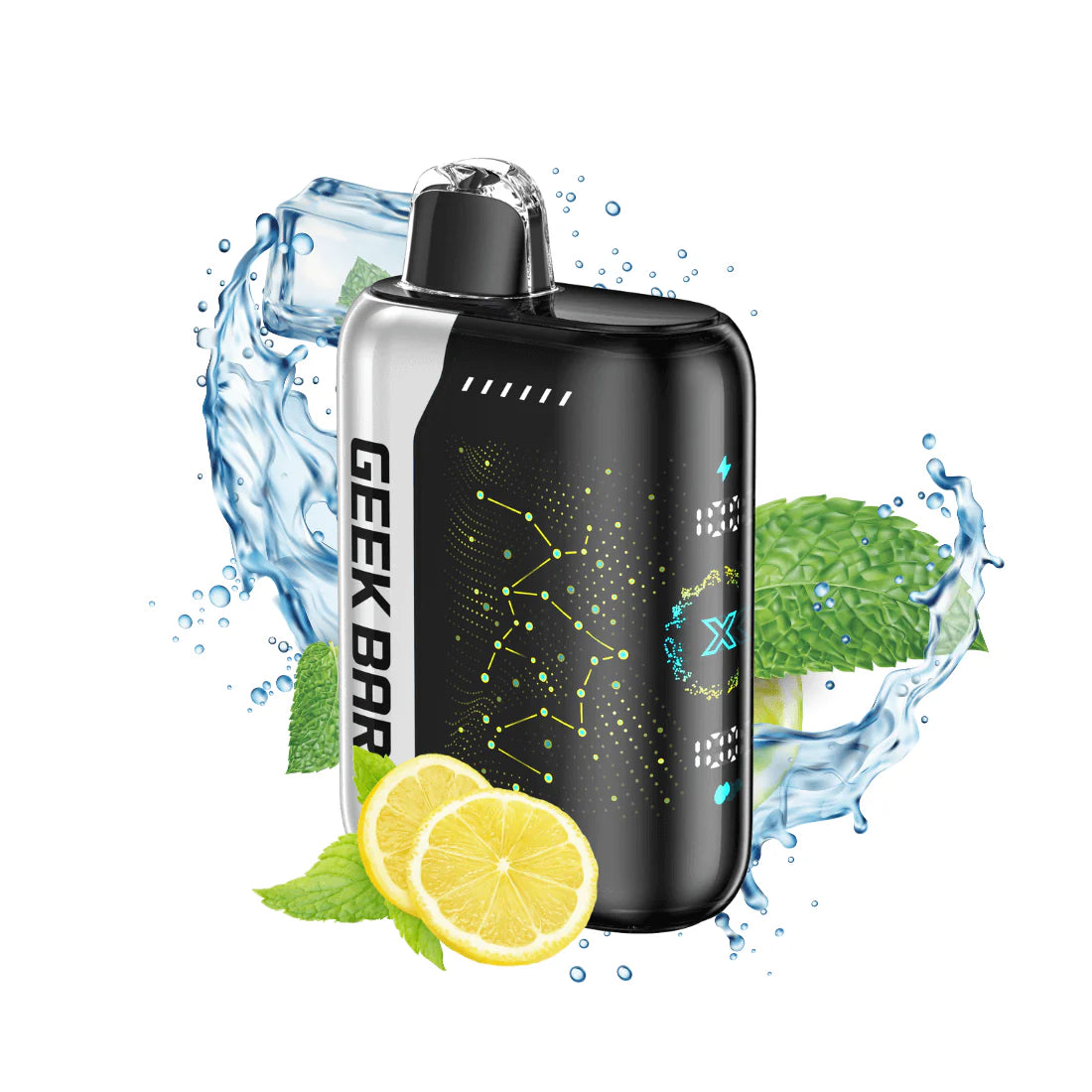 Black vape device with 'Geek Bar' branding, surrounded by water droplets, lemon slices, and mint leaves on a white background.