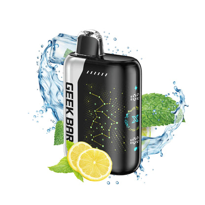 Black vape device with 'Geek Bar' branding, surrounded by water droplets, lemon slices, and mint leaves on a white background.