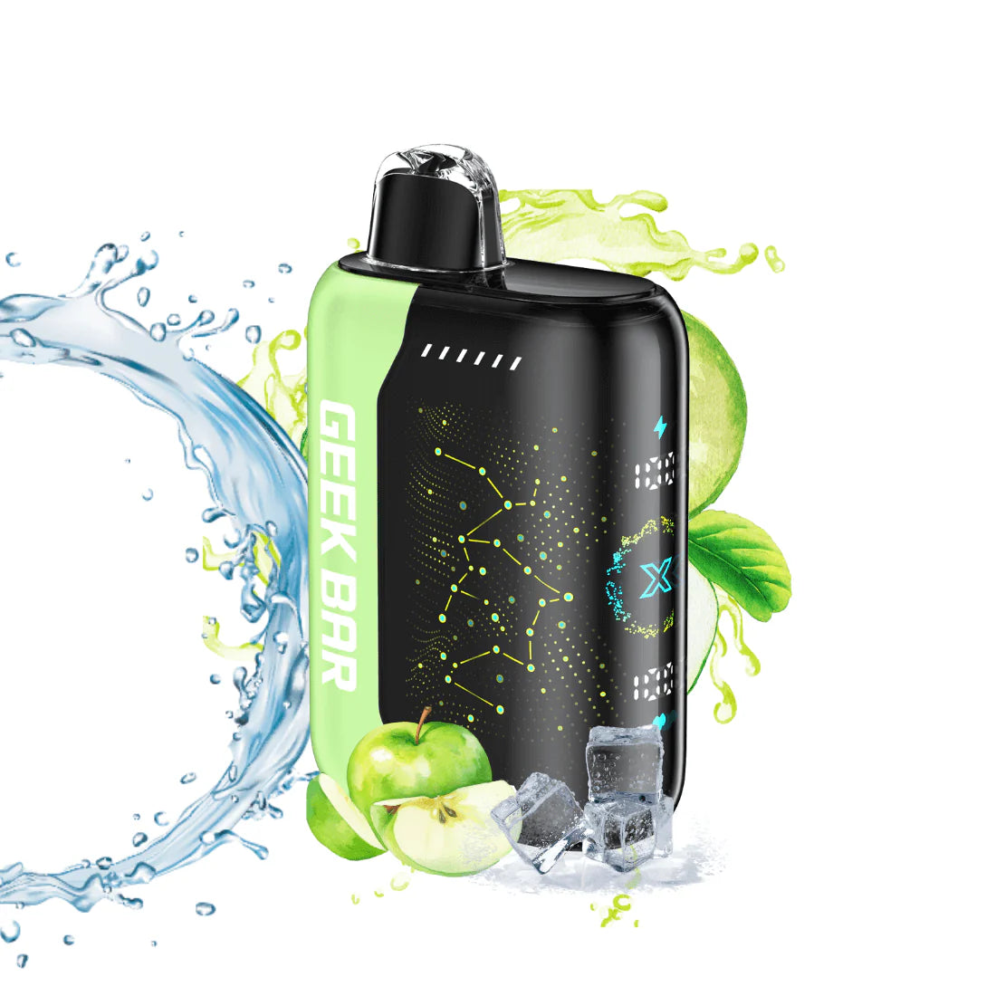 Black and green vape device with apple and ice elements on a white background