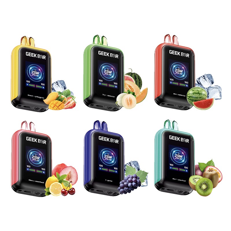 Six Geek Bar devices in different colors with fruit graphics on a white background