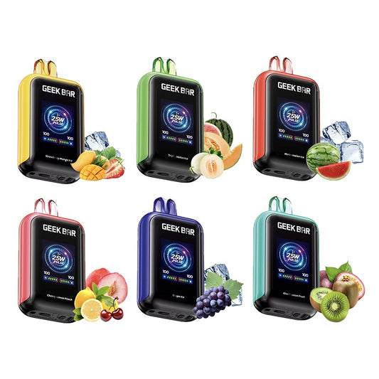 Six Geek Bar devices in different colors with fruit graphics on a white background