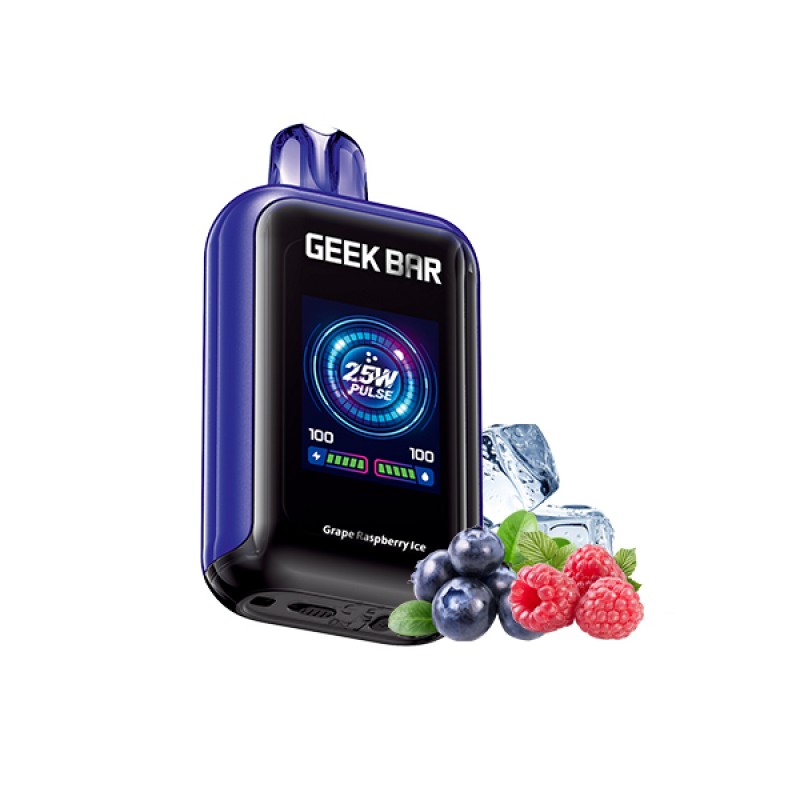 Geek Bar vape device with digital display and fruit graphics on a white background