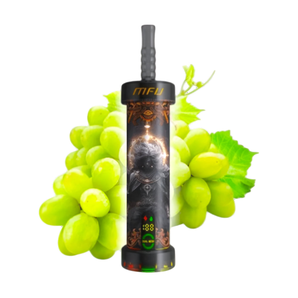 Black electronic device with 'MFU' branding surrounded by green grapes on a white background