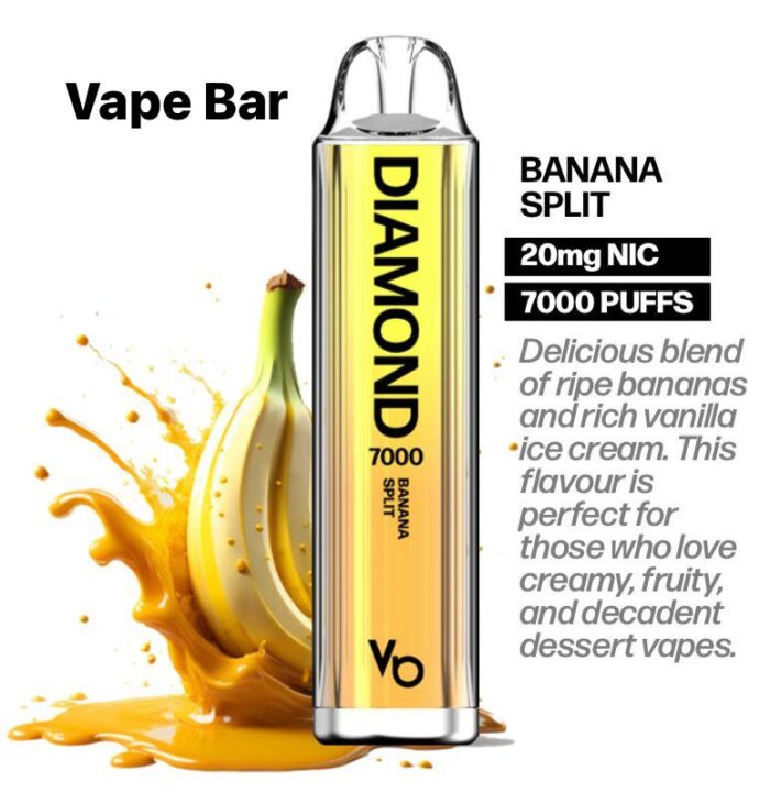 Diamond Vape Bar Banana Split flavor with banana graphics on a white background