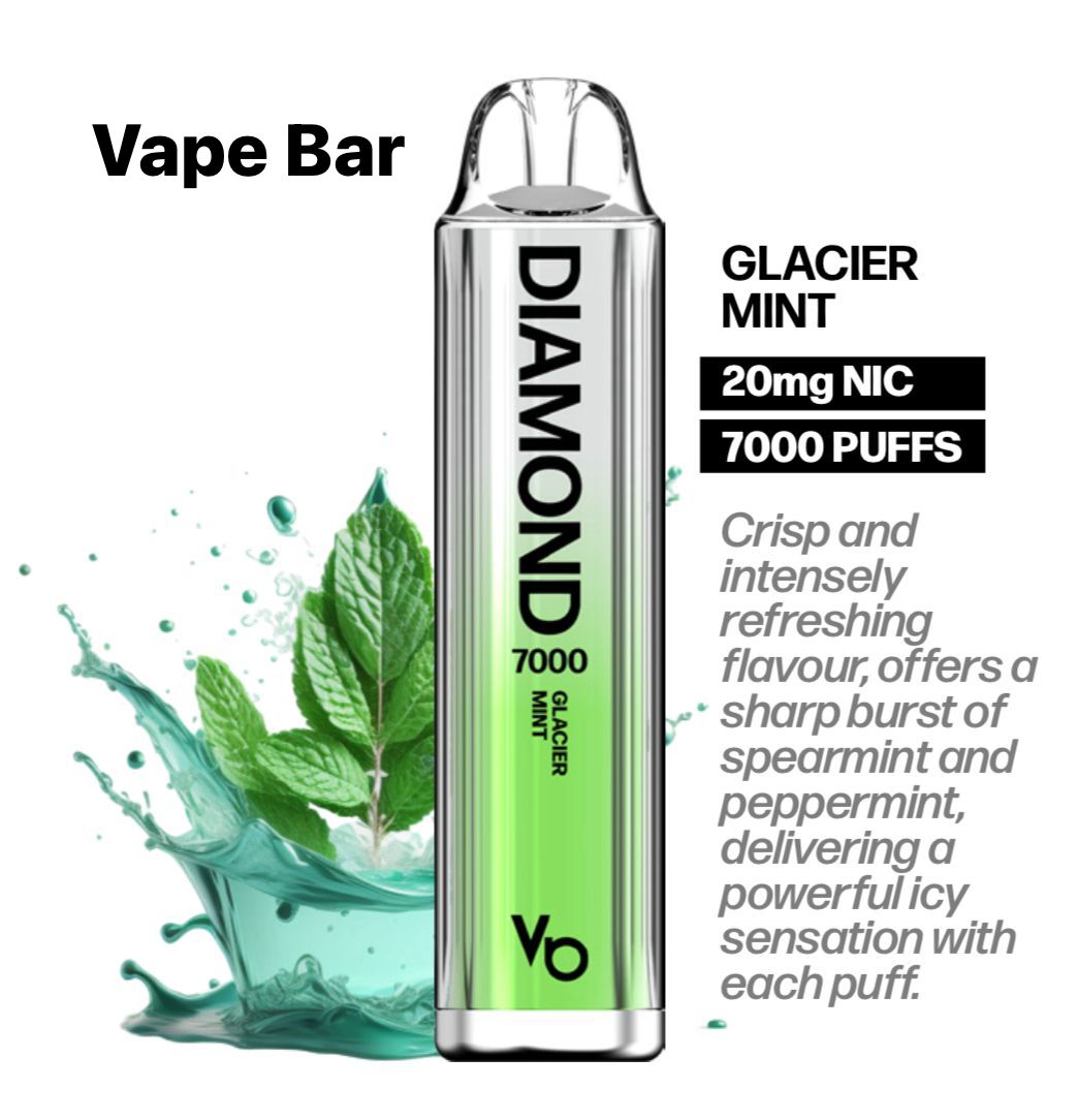 Diamond Vape Bar Glacier Mint flavor with mint leaves and water splash on a white background