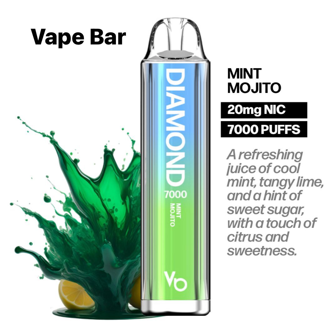 Diamond Vape Bar Mint Mojito with green liquid splash and product details on a white background