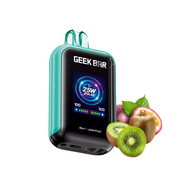 Geek Bar vape device with fruits on a white background