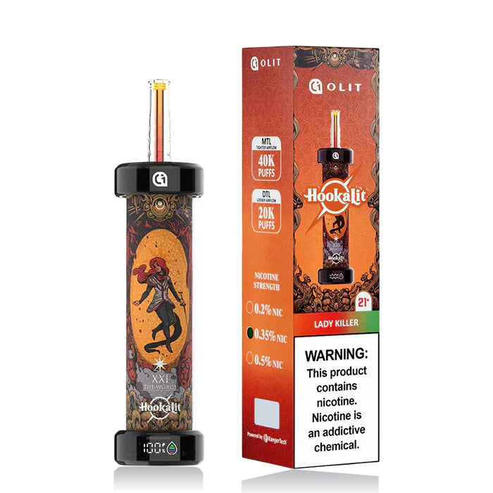 Hookahlit vape device and packaging on a white background