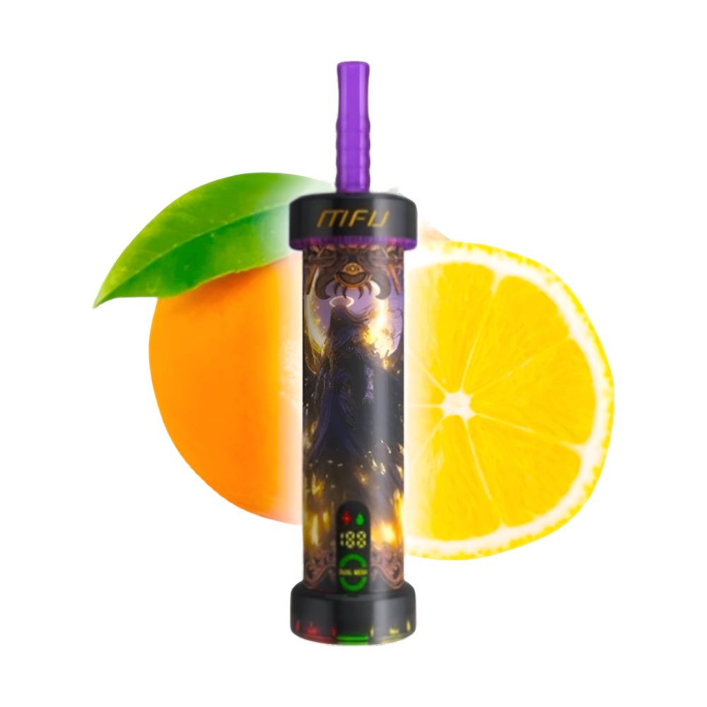 Electronic device with a purple straw surrounded by an orange, lemon, and green leaf on a white background