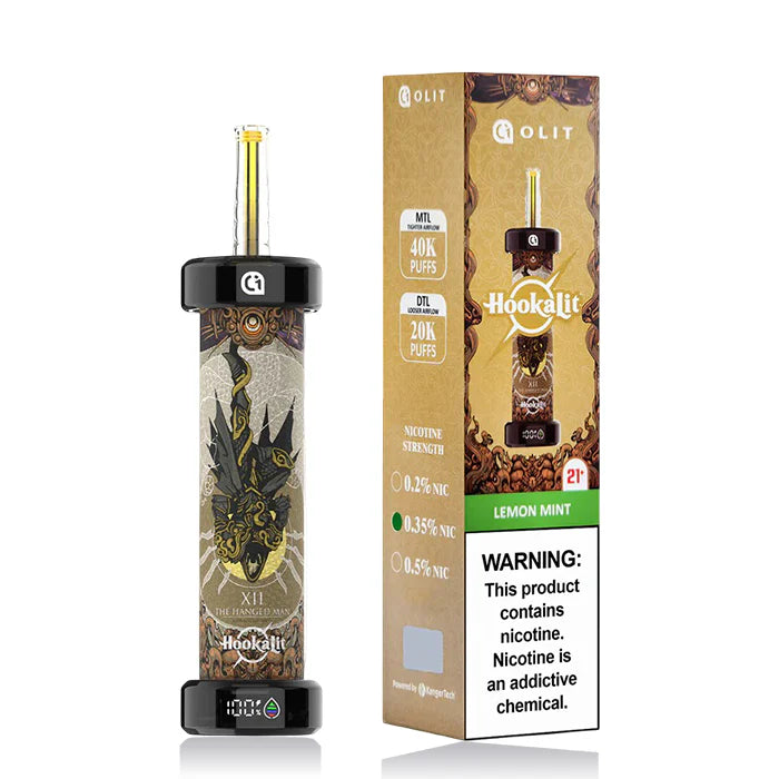 Hookahlit vape device and packaging on a white background