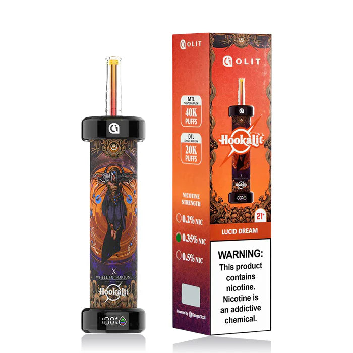 Hookah pen with packaging and nicotine warning label on a white background