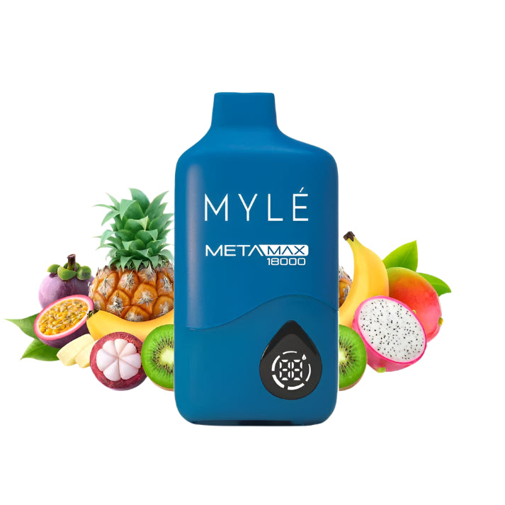 Blue Myle Metamax vape device with fruits on a white background