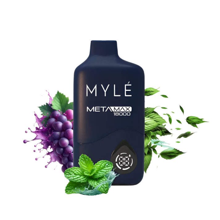 MYLE META MAX 19000 vape device with grape and mint elements on a white background