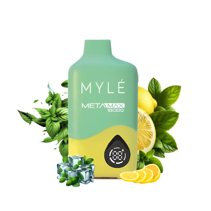 MYLE META MAX vape device with mint leaves and lemon slices on a white background