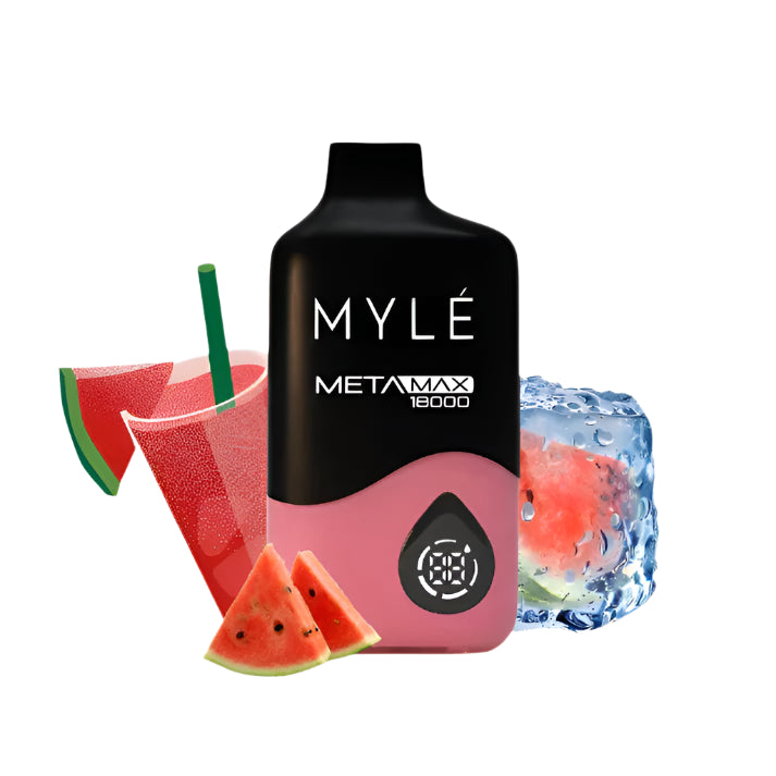 MYLE META MAX vape device with fruits and mint leaves on a white background