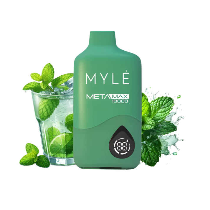 Green Myle MetaMax vape device with mint leaves and a glass of water on a white background