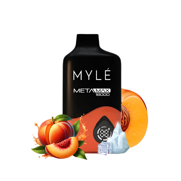 Myle MetaMax vape device with peach and ice graphics on a white background