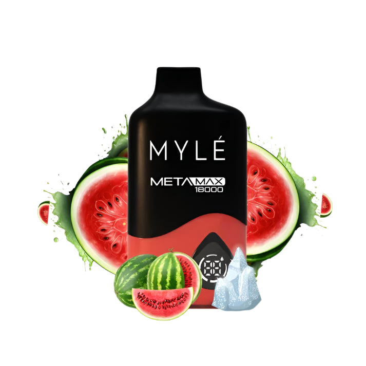 Myle MetaMax 18000 vape device with watermelon slices on a white background