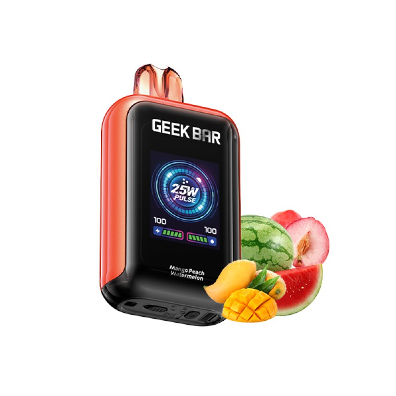 Geek Bar vape device with fruit illustrations on a white background