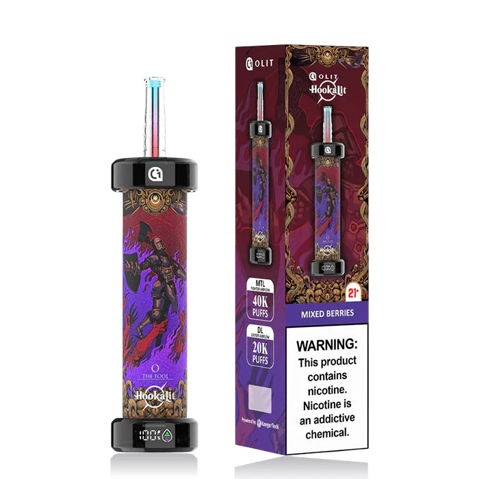 Vape device with colorful packaging and warning label on a white background