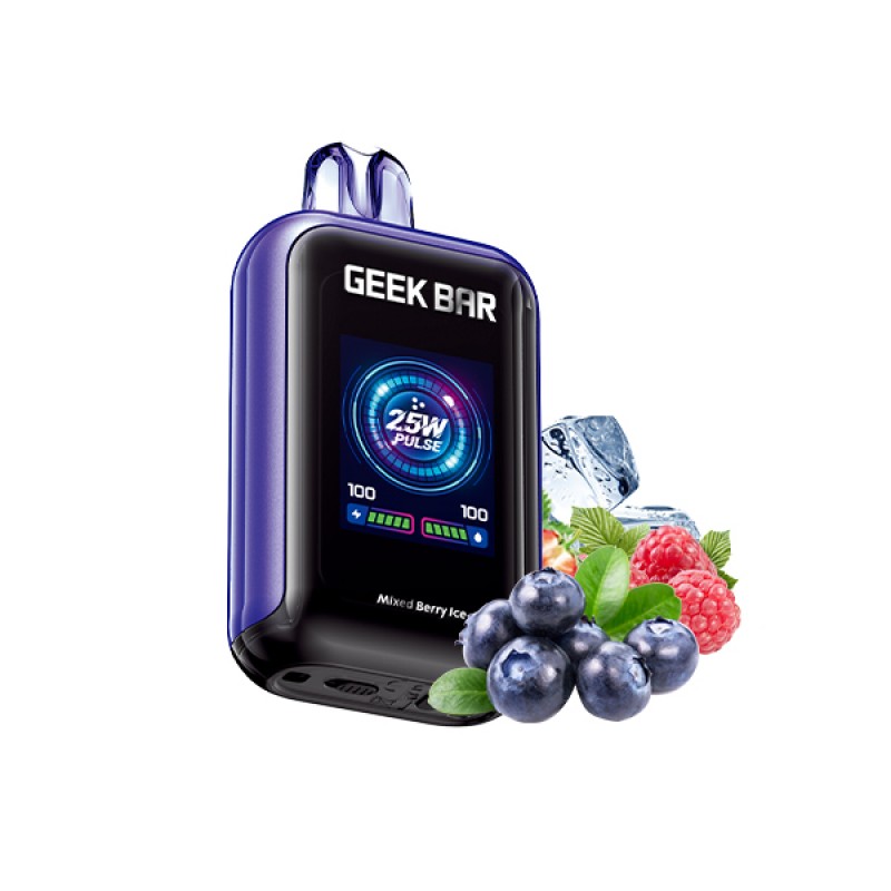 Geek Bar vape device with a digital display and fruit graphics on a white background