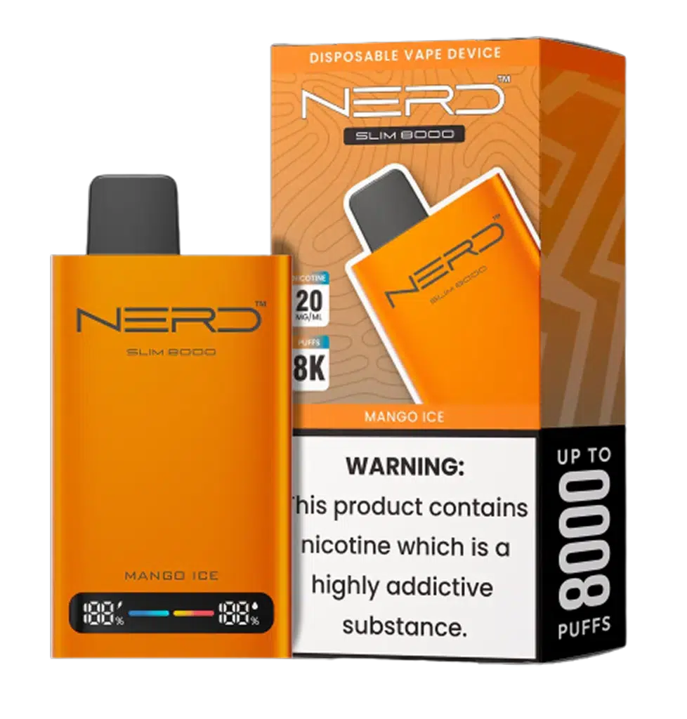 Packaging and product image of Nerd Slim 8000 Puffs disposable vape device in orange color with an LCD display showing battery and e-liquid levels.