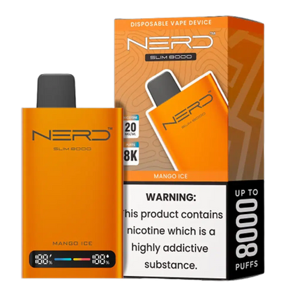 Packaging and product image of Nerd Slim 8000 Puffs disposable vape device in orange color with an LCD display showing battery and e-liquid levels.