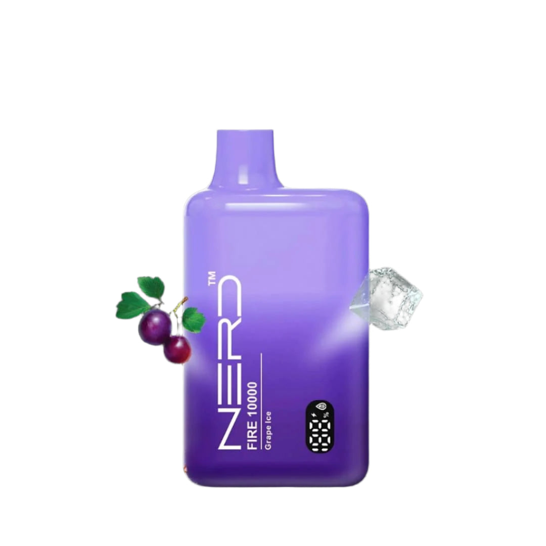 Purple NERD Fire 10000 vape device with grape ice flavor on a white background