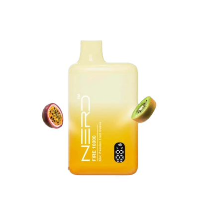 Vape device with gradient design featuring kiwi, passionfruit, and guava on a white background.