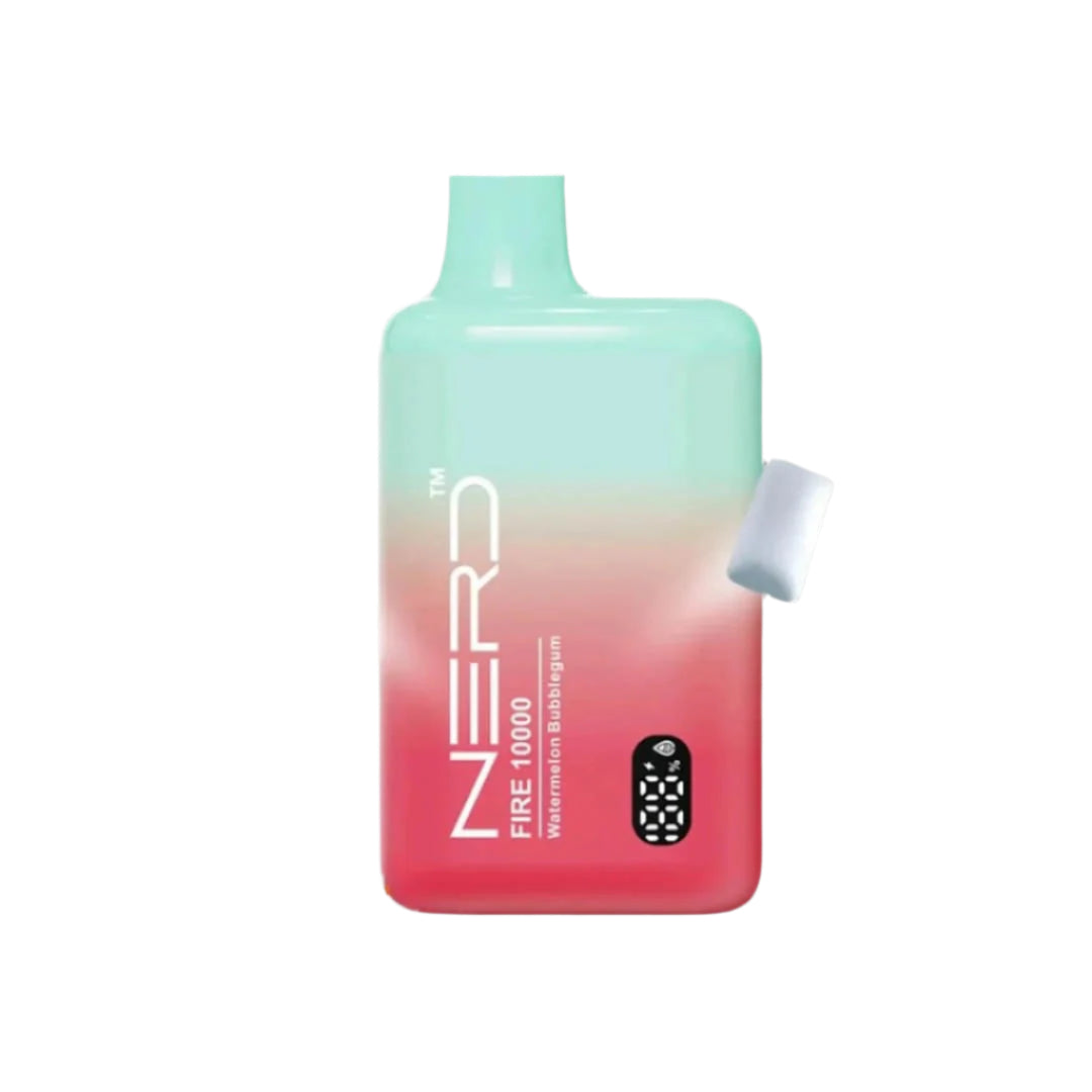 Vape device with gradient design labeled 'Nerd Fire 10000' and 'Watermelon Bubblegum' flavor on a white background.
