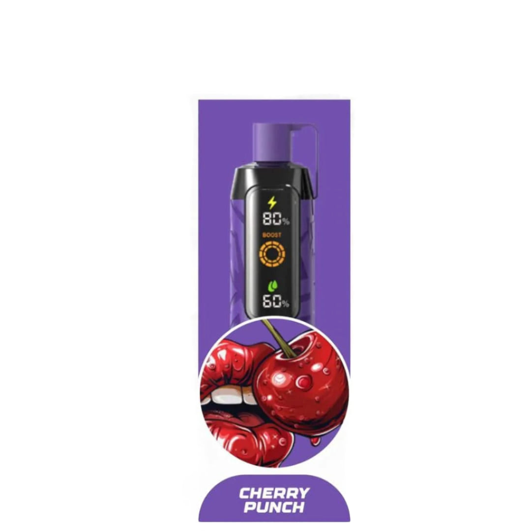 Vape device packaging with cherry illustration and product details on a white background