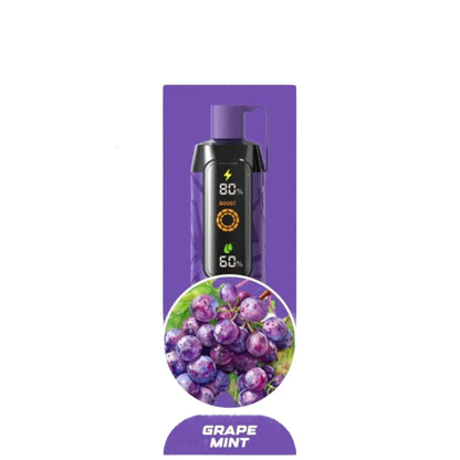 Vape device packaging with grape mint flavor on a white background