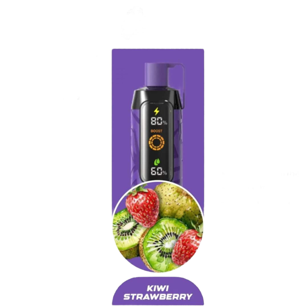 Vape device packaging with Nerd Clouds branding and kiwi strawberry flavor illustration.