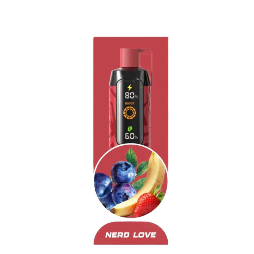 Vape device with branding and product details on a white background