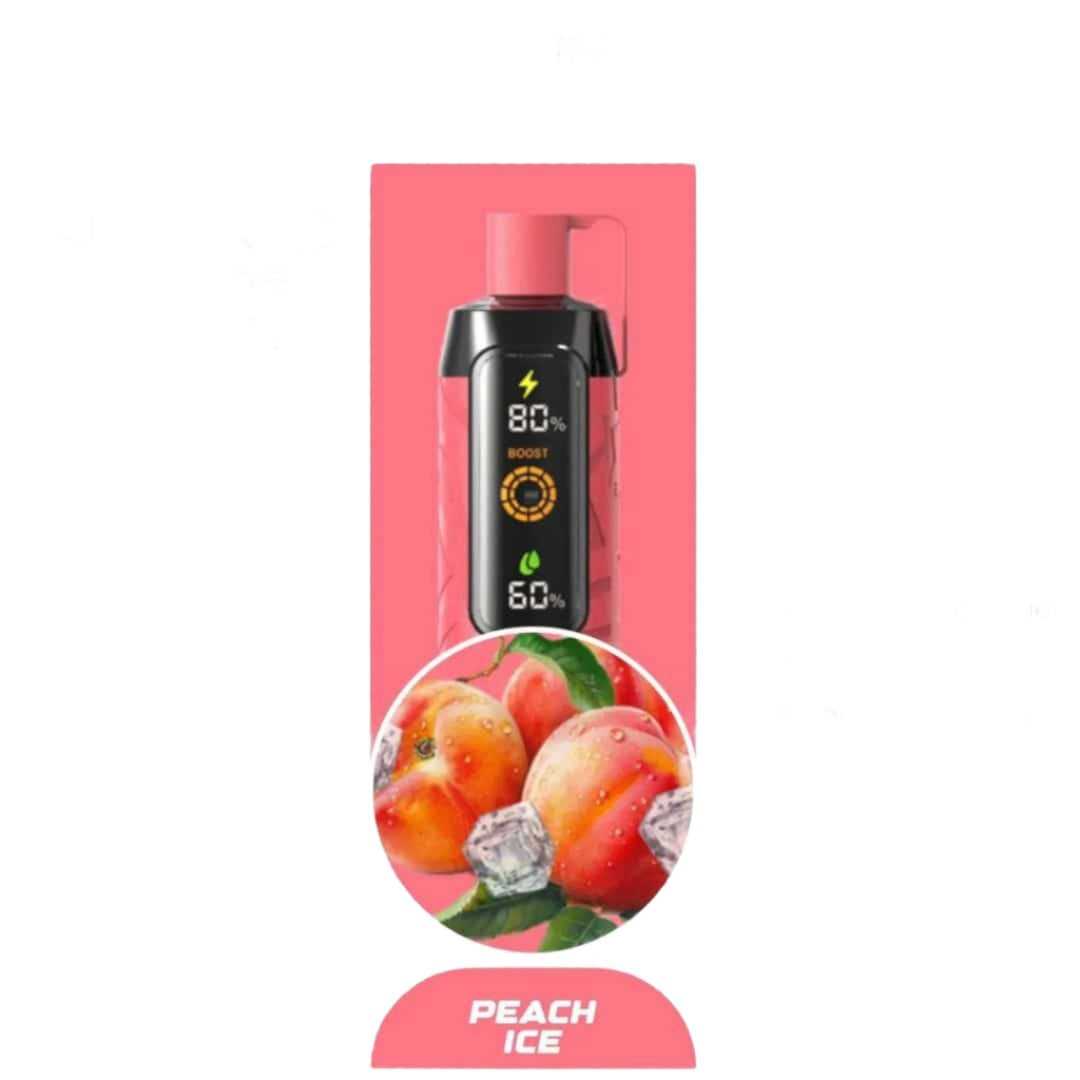 Vape device packaging with peach ice flavor on a white background