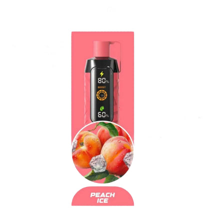 Vape device packaging with peach ice flavor on a white background